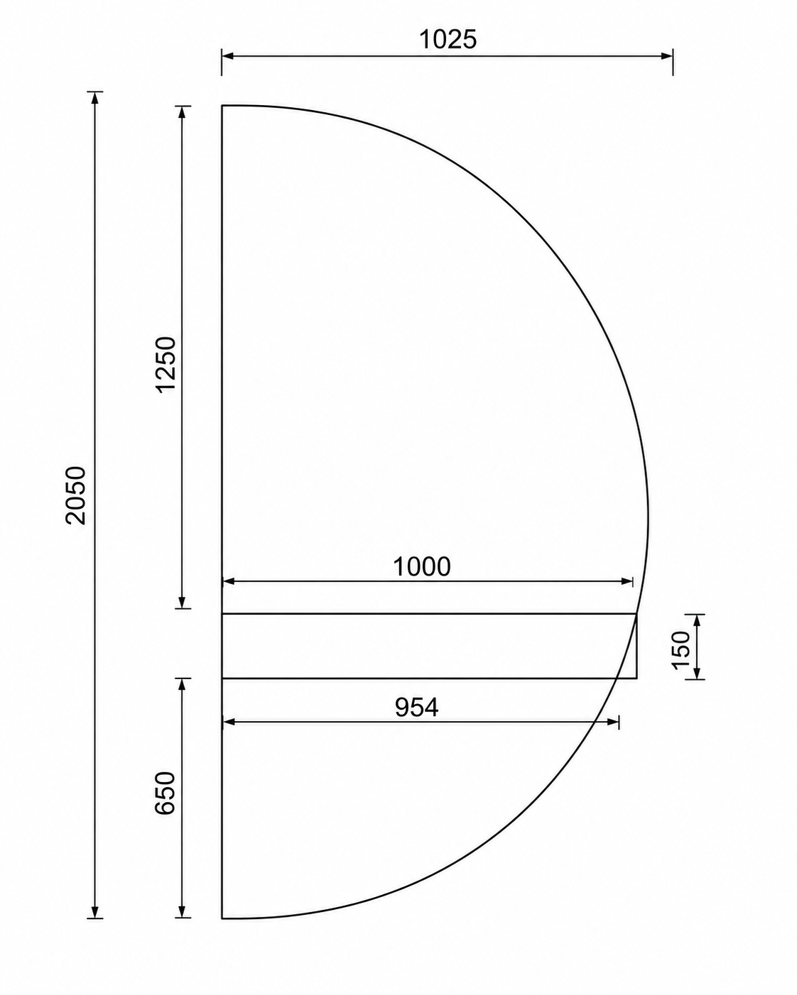 Halve Maan spiegel links 205 cm